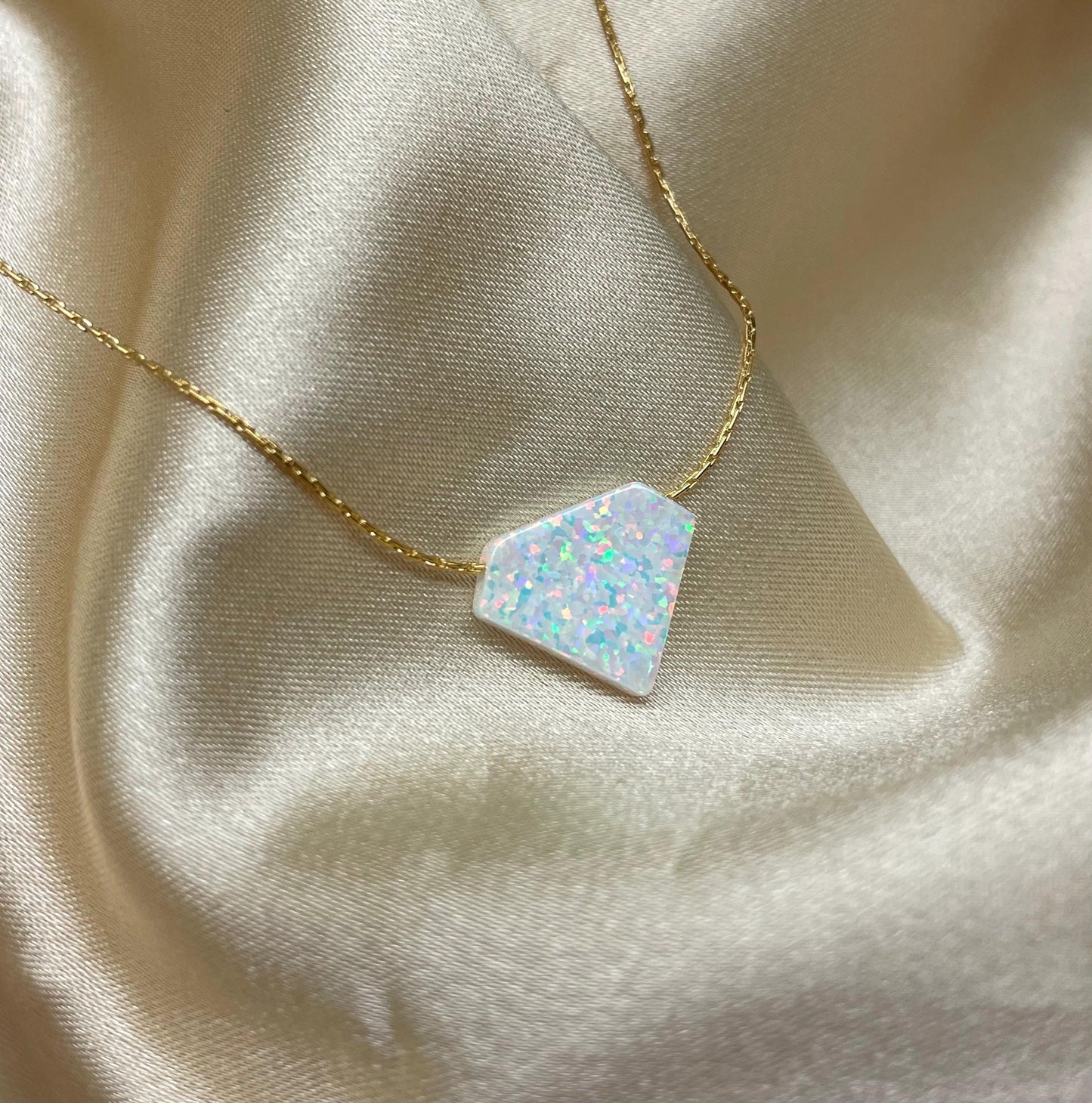 Diamond shaped Pendant, Geometric necklace, Triangle necklace, White opal necklace, Geometric jewelry, Opal jewelry