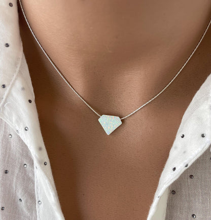 White Opal Necklace, Diamond Shaped pendant on 14k Gold Filled Chain, Minimalist Geometric Jewelry, Elegant Gift for Women