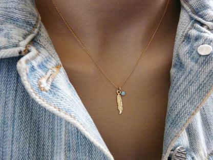 Feather necklace, Gold feather, Feather pendant, Opal necklace, Delicate necklace, Boho necklace