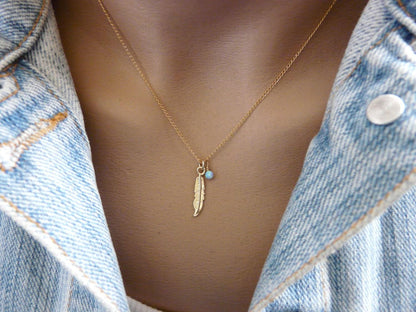 Feather necklace, Gold feather, Feather pendant, Opal necklace, Delicate necklace, Boho necklace