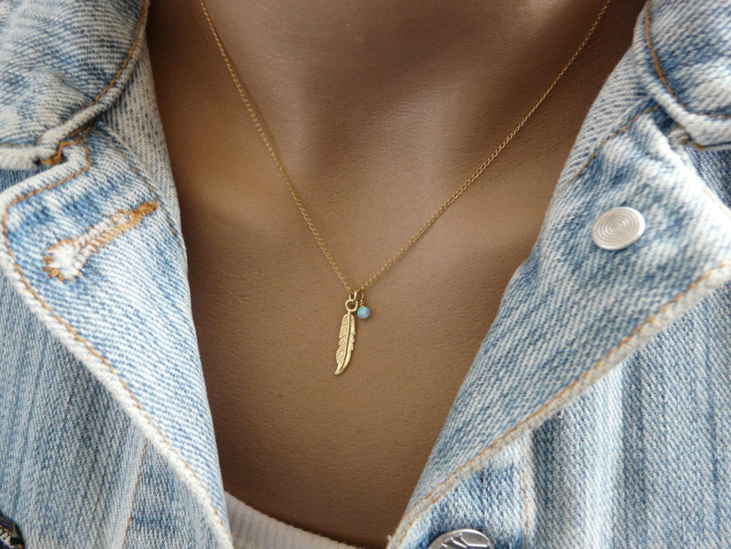 Feather necklace, Gold feather, Feather pendant, Opal necklace, Delicate necklace, Boho necklace