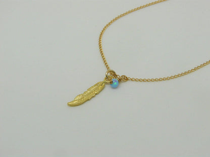 Feather necklace, Gold feather, Feather pendant, Opal necklace, Delicate necklace, Boho necklace