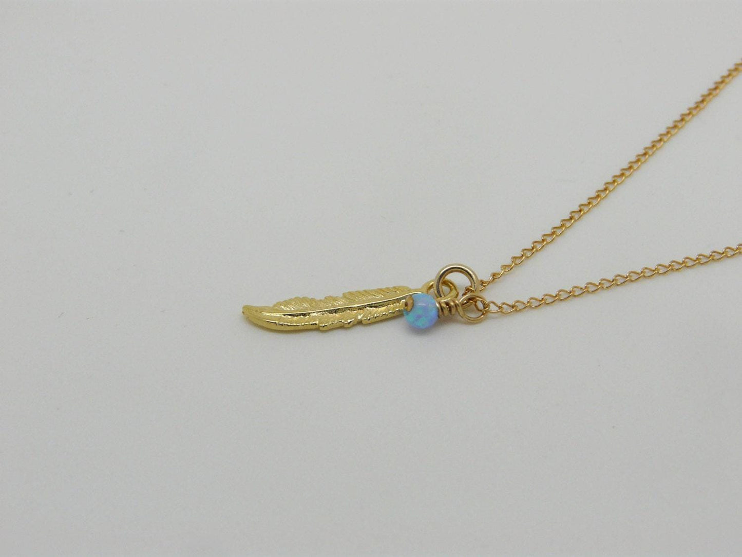 Feather necklace, Gold feather, Feather pendant, Opal necklace, Delicate necklace, Boho necklace