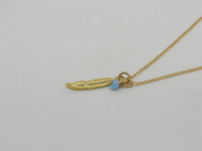 Feather necklace, Gold feather, Feather pendant, Opal necklace, Delicate necklace, Boho necklace