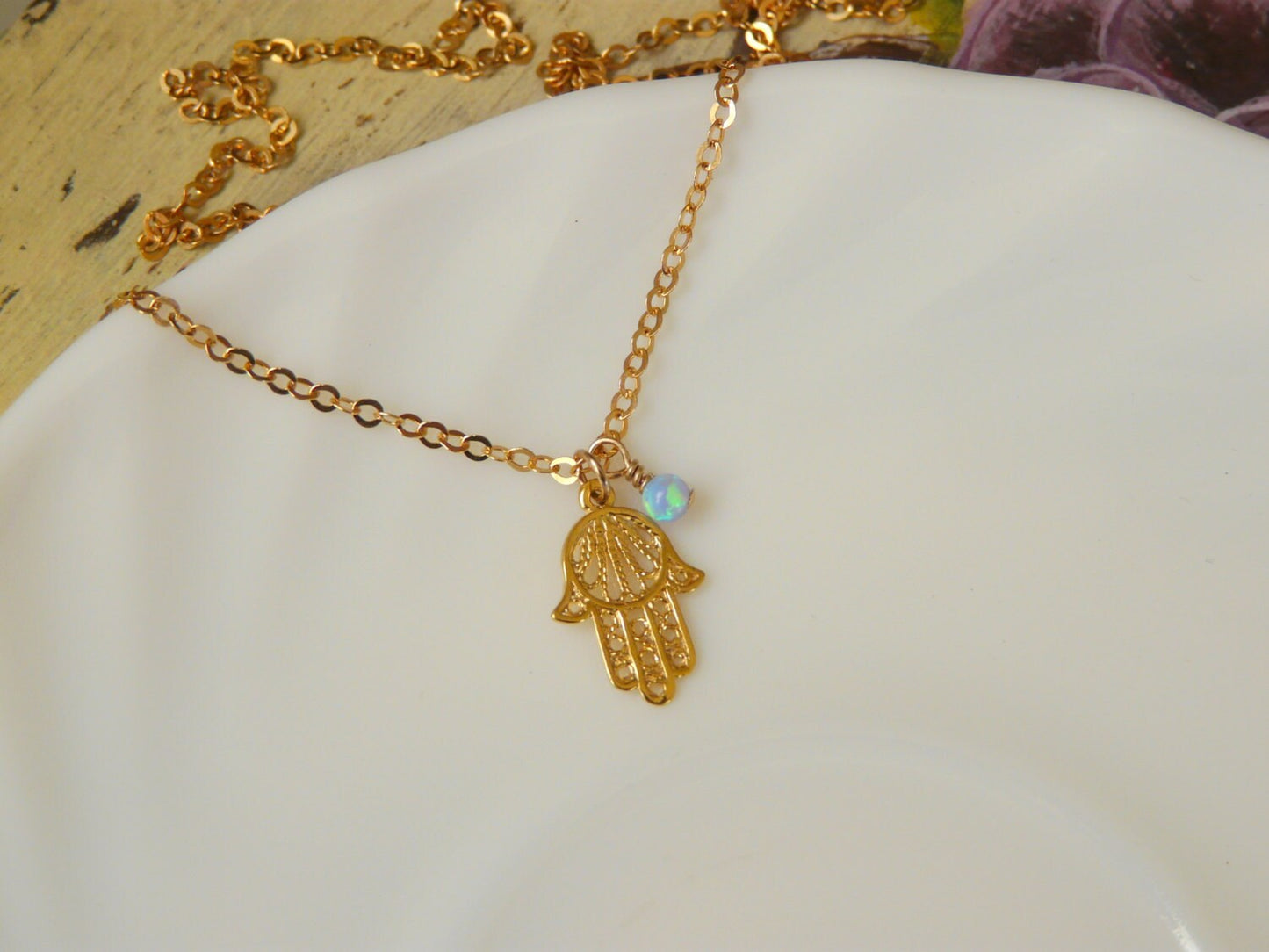 Hamsa necklace, Opal necklace, Gold Fill necklace, Evil eye necklace, Hand necklace, Simple necklace, Everyday necklace