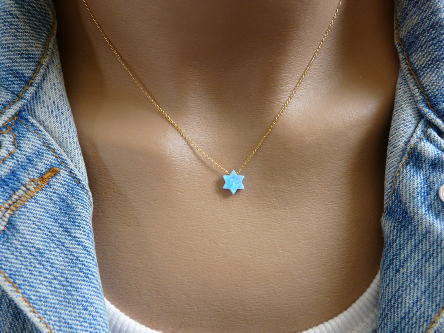 Star of David necklace, White opal necklace, Magen David necklace, Jewish jewelry, Gold Fill necklace, Ball necklace, Opal jewelry