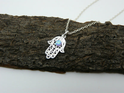 Hamsa necklace, Opal necklace, Sterling silver Hamsa, Evil eye necklace, Hand necklace, Simple necklace, Everyday necklace