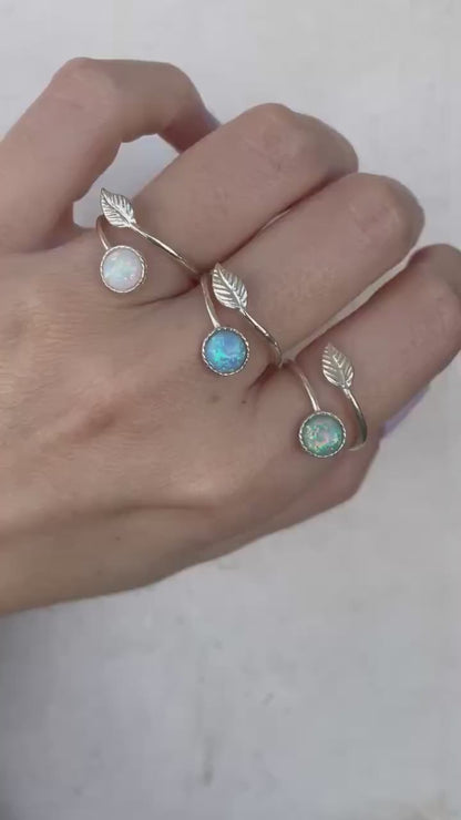 Sterling Silver Opal Leaf Ring – Adjustable Elegance