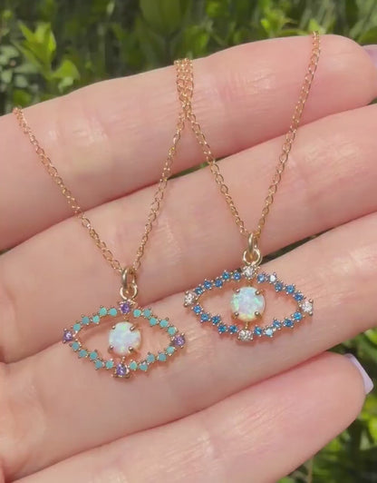 Opal Evil Eye Necklace Gold Filled CZ Pendant