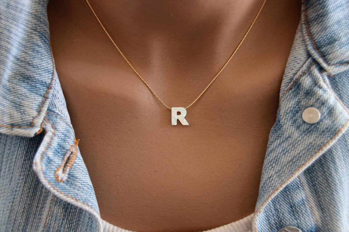 Opal necklace with initial Clearance