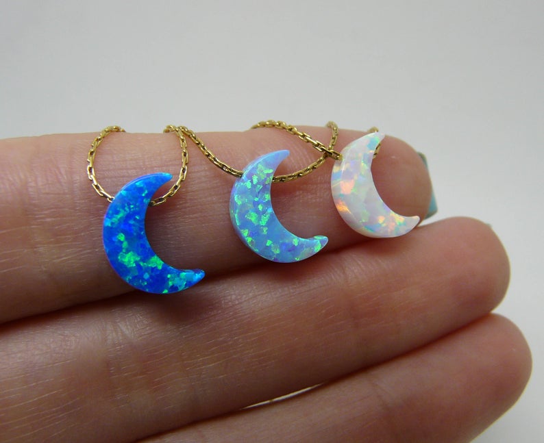 Opal Crescent Moon and Star Necklace | Caitlyn Minimalist