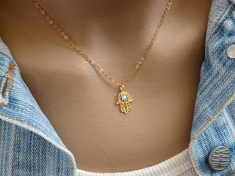 Gold Hamsa necklace with Opal - OpaLandJewelry