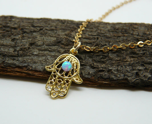 Gold Hamsa necklace with Opal - OpaLandJewelry